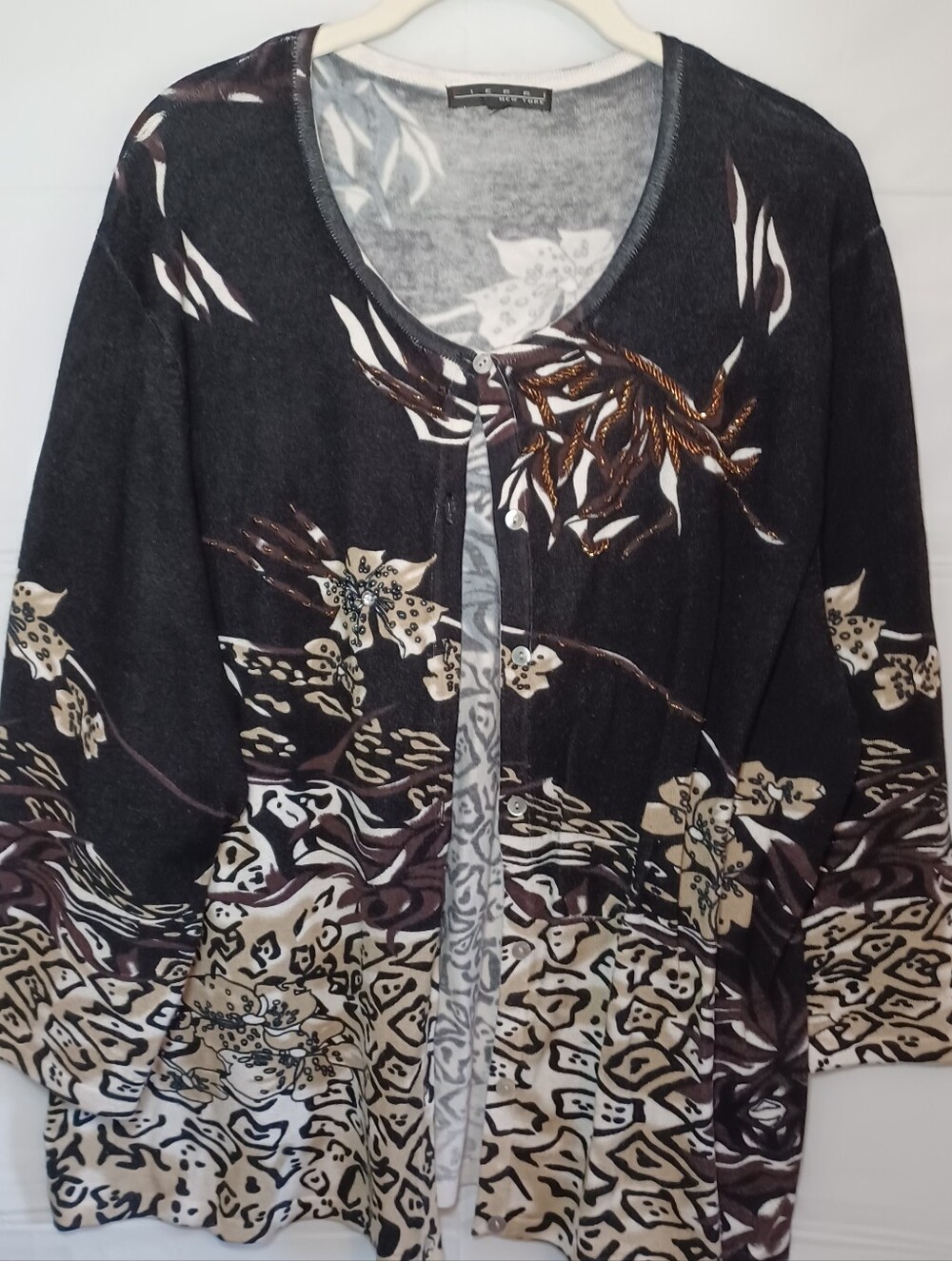 Pierri New York Black Floral & Animal Print Cardigan With Sequins And Beads